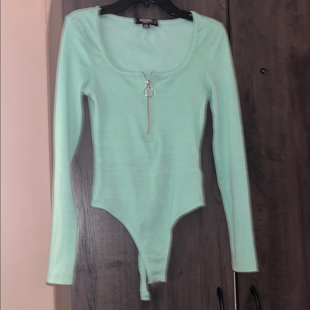 Neon mint green clasp quarter zip bodysuit